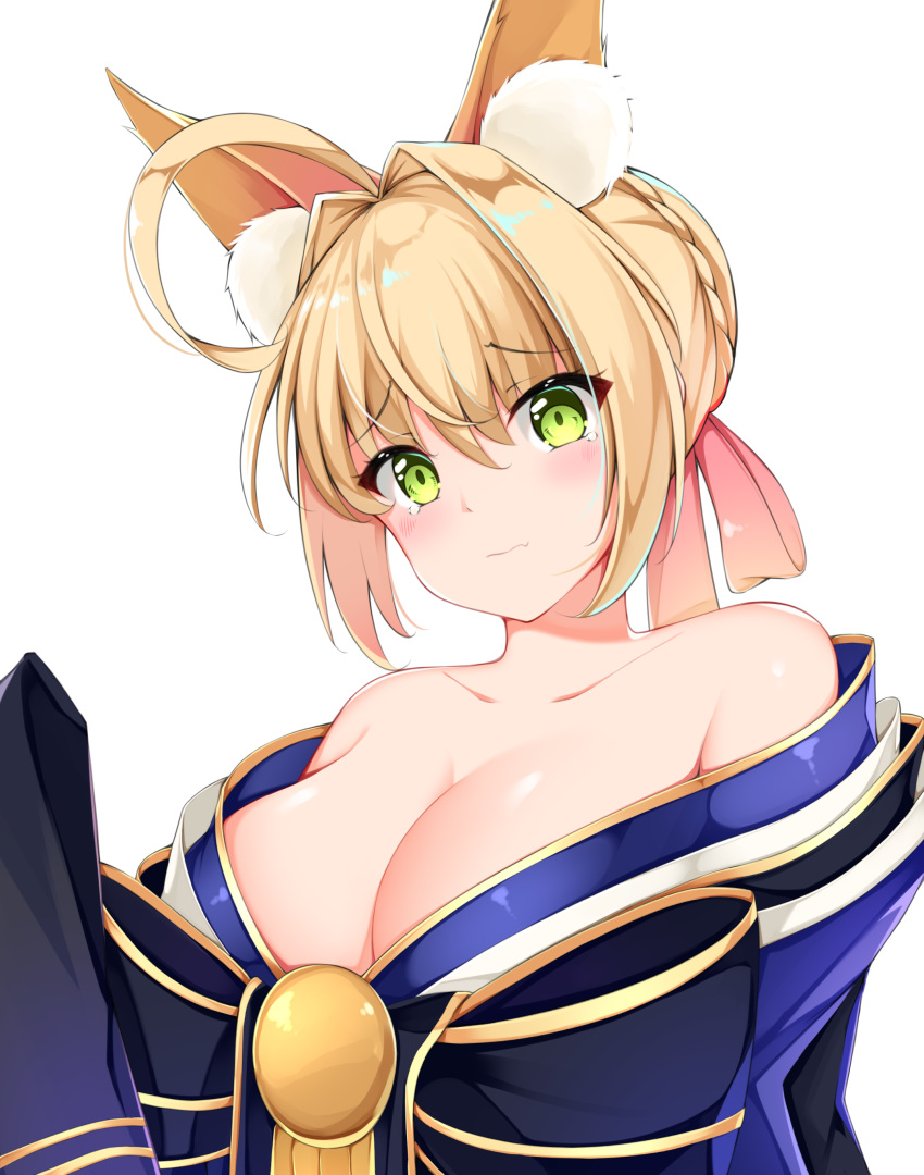 1girl absurdres ahoge animal_ear_fluff animal_ears bangs bare_shoulders black_bow blonde_hair blue_kimono blush bow breasts cleavage closed_mouth collarbone commentary_request cosplay eyebrows_visible_through_hair fang fang_out fate/grand_order fate_(series) fox_ears hair_intakes highres japanese_clothes kemonomimi_mode kimono kimono_pull large_breasts nero_claudius_(fate) nero_claudius_(fate)_(all) short_hair simple_background skin_fang solo tamamo_(fate)_(all) tamamo_no_mae_(fate) tamamo_no_mae_(fate)_(cosplay) tears tming upper_body white_background