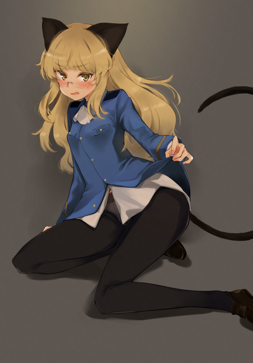 1girl animal_ears ascot black_legwear blonde_hair blush brown_footwear cat_ears cat_tail fang glasses highres loafers long_sleeves meji_aniki military military_uniform panties panties_under_pantyhose pantyhose perrine_h_clostermann shoes solo strike_witches tail underwear uniform world_witches_series yellow_eyes