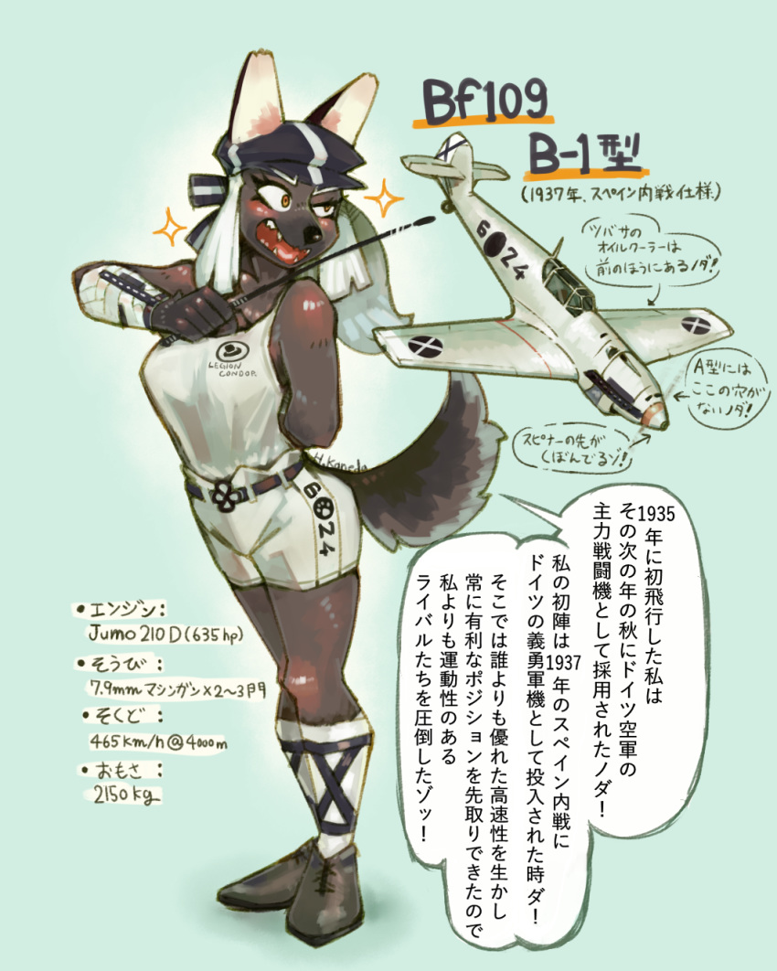 2018 aircraft anthro bf_109 bf_109_(hideki_kaneda) bf_109_b-1 biped boots breasts brown_body brown_eyes brown_fur canid canine canis clothed clothing domestic_dog female fluffy fluffy_tail footwear fur hair hand_behind_back hat headgear headwear hi_res hideki_kaneda holding_object japanese_text mammal messerschmitt open_mouth shoes simple_background solo standing text translation_request white_hair