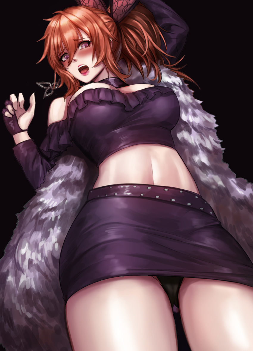 1girl arm_up bangs black_background black_panties blush breasts brown_dust character_request choker commentary_request cowboy_shot earrings embarrassed eyebrows_visible_through_hair eyelashes fingerless_gloves from_below fur_scarf gloves hair_between_eyes hair_ornament hand_up highres jewelry kibellin korean_commentary large_breasts medium_hair midriff miniskirt open_mouth orange_hair panties pantyshot ponytail purple_eyes purple_gloves purple_shirt purple_skirt shiny shiny_clothes shiny_hair shirt sidelocks simple_background skirt solo strapless underwear