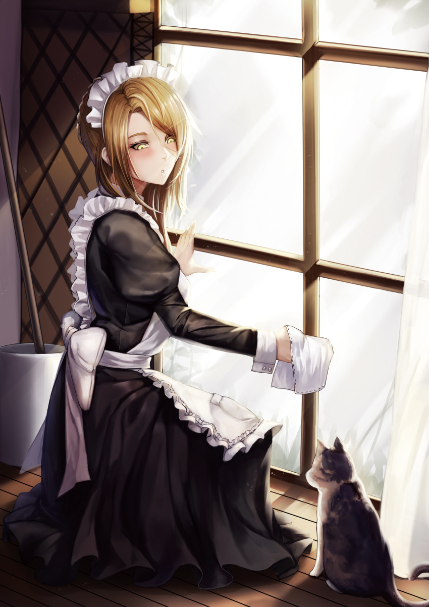 1girl absurdres alternate_costume animal apron asymmetrical_bangs bangs black_dress blush brown_hair cat cleaning_windows commentary_request curtains dress eyelashes frilled_apron frills girls_frontline highres holding kibellin kneeling korean_commentary lee-enfield_(girls_frontline) long_hair long_sleeves looking_at_animal maid maid_apron maid_headdress shiny shiny_hair solo white_apron window wooden_floor yellow_eyes