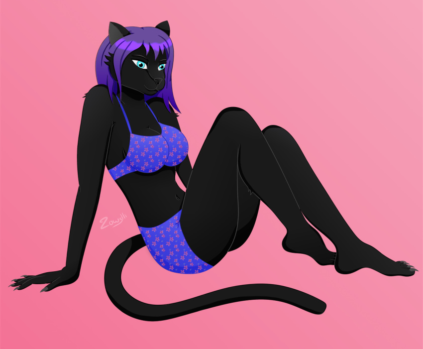 2019 5_fingers anthro black_body black_fur blue_eyes breasts clothing domestic_cat felid feline felis female fingers fur hair mammal nails purple_hair simple_background tisa_kumbusu underwear zowslli