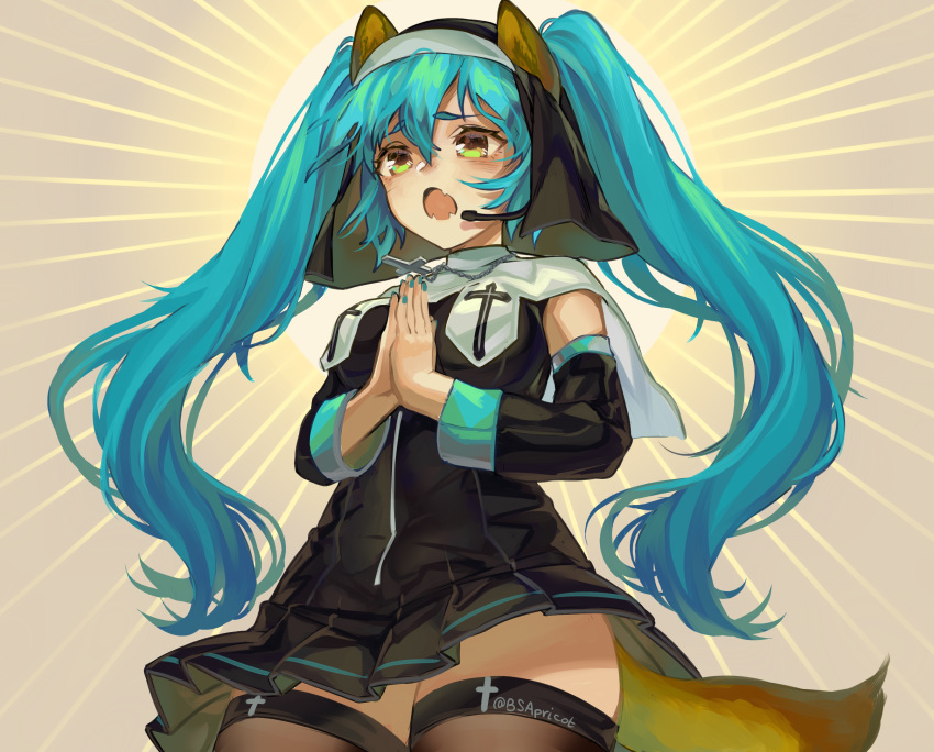 1girl animal_ears bangs black_dress black_sleeves blue_hair blue_nails blush breasts brown_eyes brown_legwear cross cross_necklace danielle_brindle detached_sleeves dog_ears dog_girl dog_tail dress eyebrows_visible_through_hair fangs green_eyes hair_between_eyes hands_together hatsune_miku headset highres jewelry kemonomimi_mode latin_cross long_hair long_sleeves medium_breasts nail_polish necklace open_mouth own_hands_together palms_together parody pleated_dress sleeveless sleeveless_dress solo tail thighhighs twintails twitter_username veil very_long_hair vocaloid