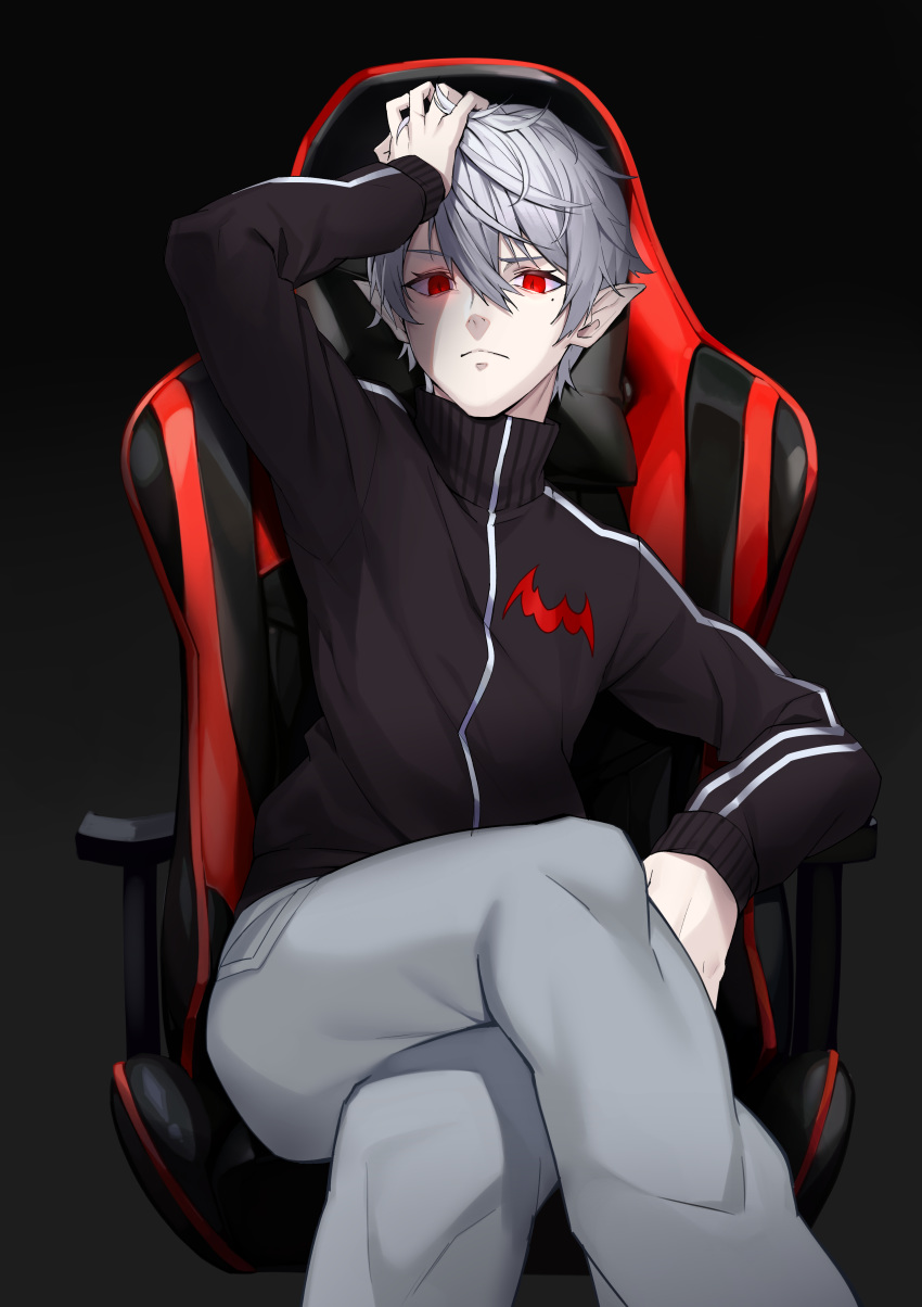 1boy absurdres arm_up bangs black_background black_jacket blush chair closed_mouth commentary crossed_legs feet_out_of_frame ginopi glowing glowing_eyes grey_pants hair_between_eyes hand_in_hair highres jacket kuzuha_(nijisanji) long_sleeves looking_at_viewer male_focus mole mole_under_eye nijisanji office_chair on_chair pants pointy_ears red_eyes simple_background sitting solo sweatpants virtual_youtuber