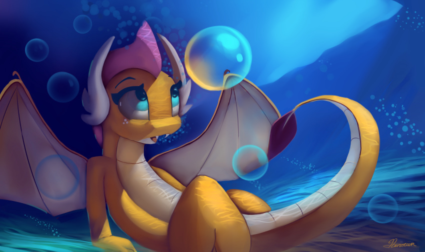 absurd_res auroriia bubble dragon friendship_is_magic hi_res membrane_(anatomy) membranous_wings my_little_pony smolder_(mlp) underwater water wings