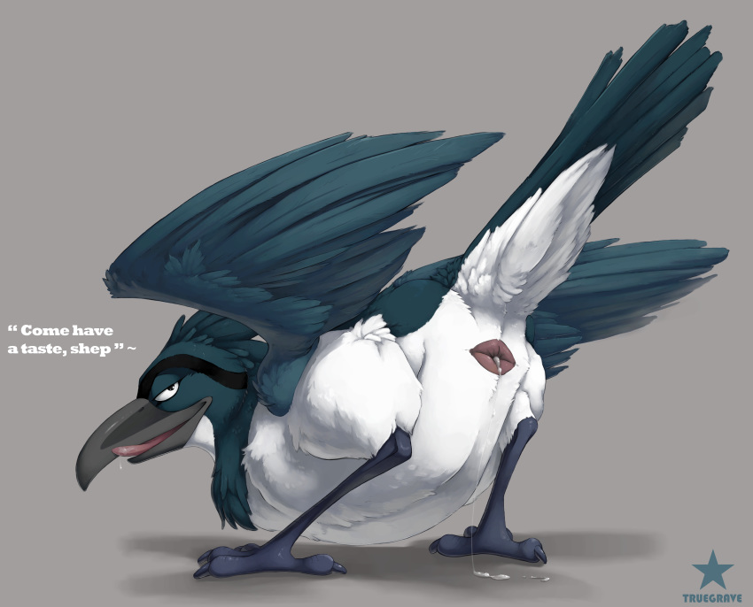 2019 3_toes 4_toes absurd_res ambiguous_gender animal_genitalia anisodactyl avian beak bird bird_feet bodily_fluids butt cloaca cum_leaking dialogue drooling english_text feathered_wings feathers feral genitals grey_background hi_res inviting looking_back plover pluvian presenting presenting_hindquarters saliva seductive shorebird simple_background solo standing talking_to_viewer text toes tongue truegrave9 wings