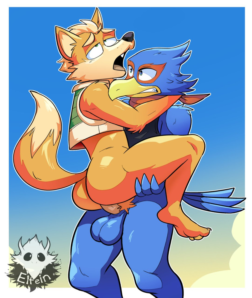 anal anthro anthro_on_anthro avian balls bandanna blue_eyes bottomless butt canid canine clothed clothing elfein falco_lombardi fox fox_mccloud genitals green_eyes hi_res holding_character humanoid jacket leg_grab looking_pleasured male male/male male_penetrated male_penetrating male_penetrating_male mammal nintendo penetration penis sex stand_and_carry_position standing standing_sex star_fox topwear video_games