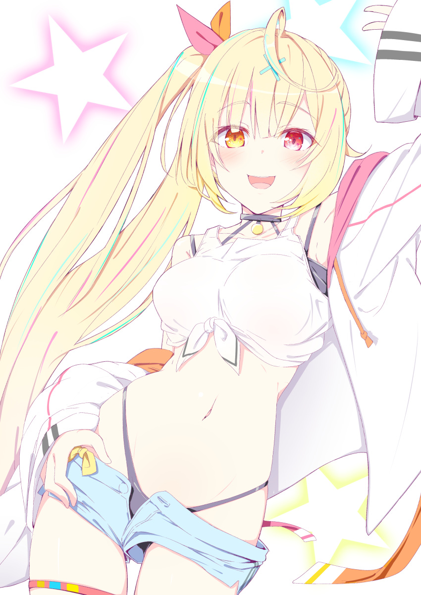 1girl absurdres bare_shoulders black_panties blonde_hair breasts cowboy_shot crop_top front-tie_top hair_ornament hair_ribbon heterochromia highleg highleg_panties highres hoshikawa_sara jacket jacket_removed large_breasts long_hair looking_at_viewer navel nijisanji nirap open_clothes open_mouth open_shorts panties red_eyes ribbon shirt short_shorts shorts side_ponytail simple_background smile solo star underwear virtual_youtuber white_background white_jacket white_shirt x_hair_ornament yellow_eyes