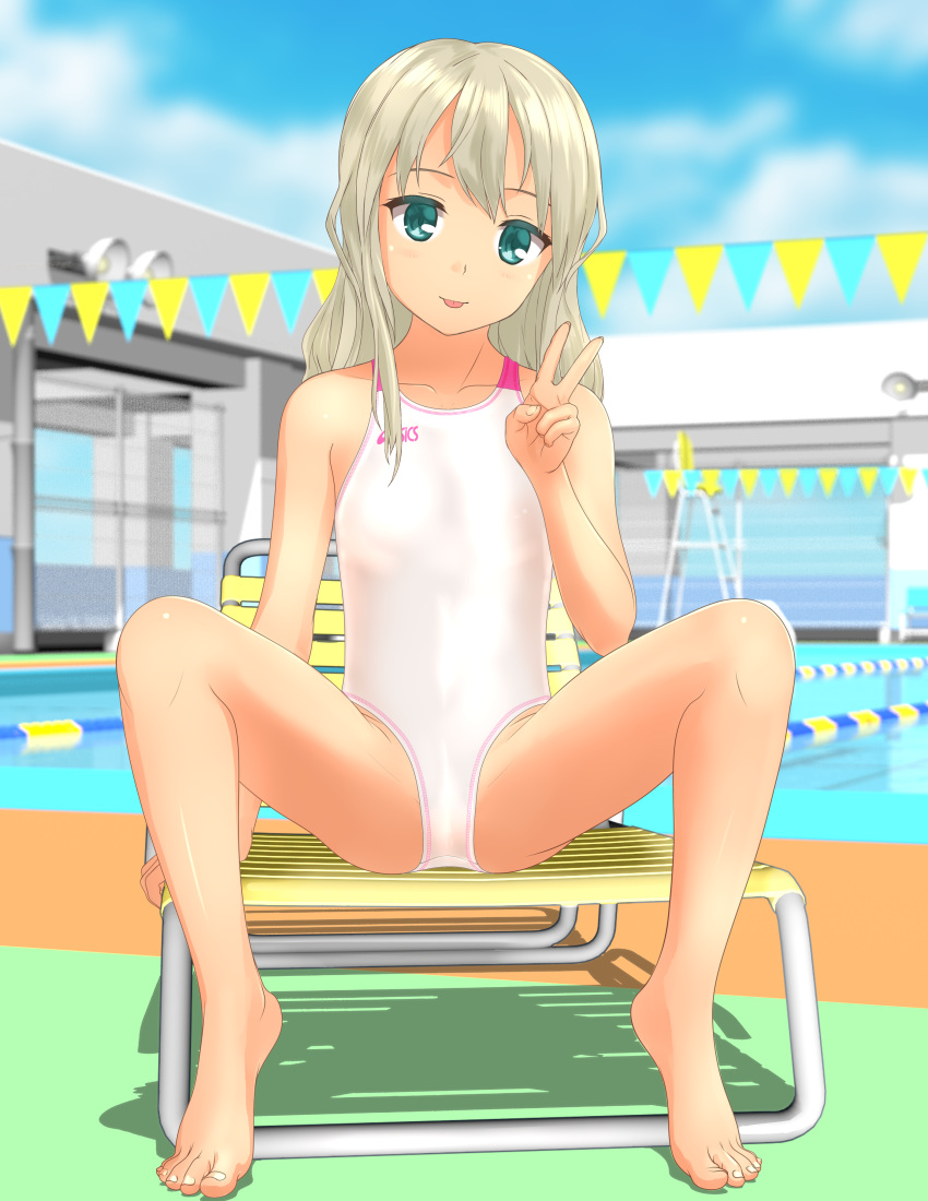 1girl absurdres asics barefoot blonde_hair blue_sky blurry chair cloud commentary_request competition_swimsuit day depth_of_field flat_chest full_body grecale_(kantai_collection) green_eyes head_tilt highres kantai_collection long_hair looking_at_viewer lounge_chair one-piece_swimsuit outdoors pool sitting sky solo spread_legs string_of_flags swimsuit takafumi tongue tongue_out v wavy_hair white_swimsuit