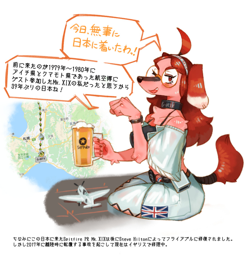 ! 2019 5_fingers accessory ahoge aircraft alcohol anthro beer belt beverage biped breasts british canid canine canis clock clothed clothing dialogue domestic_dog eyewear female fingers fluffy fluffy_tail fur glasses hair hair_accessory hairband hideki_kaneda holding_object japanese_text looking_at_viewer mammal map midriff open_mouth paw_pose pink_body pink_fur pose red_eyes red_hair sapporo simple_background sitting solo speech_bubble spitfire_(hideki_kaneda) text translation_request watch white_background