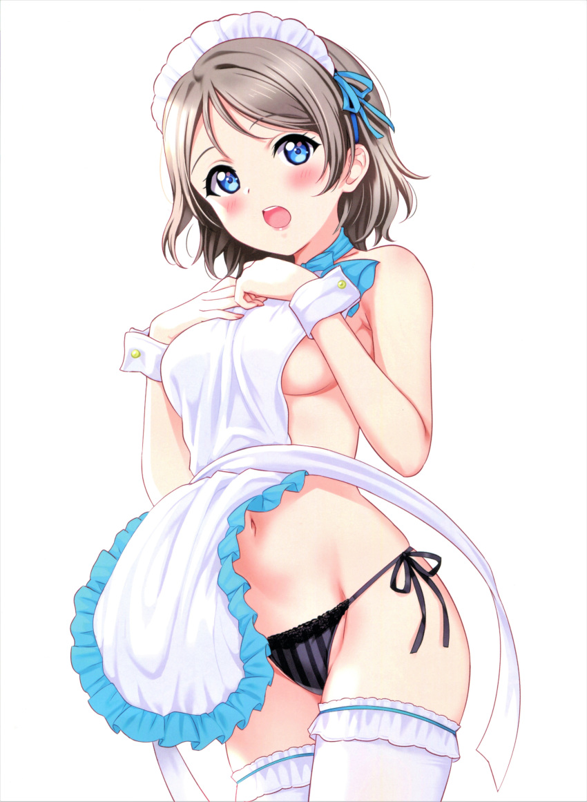 1girl :o absurdres apron bare_arms bare_shoulders black_panties blue_eyes blush breasts brown_hair eyebrows_visible_through_hair frill_trim hair_ornament hands_on_own_chest hands_up highres looking_at_viewer love_live! love_live!_sunshine!! maid_headdress medium_breasts navel no_bra open_mouth panties ribbon-trimmed_legwear ribbon_trim rozen5 scan short_hair side-tie_panties sideboob simple_background solo stomach string_panties striped striped_panties thighhighs underwear upper_teeth watanabe_you white_background white_legwear wrist_cuffs