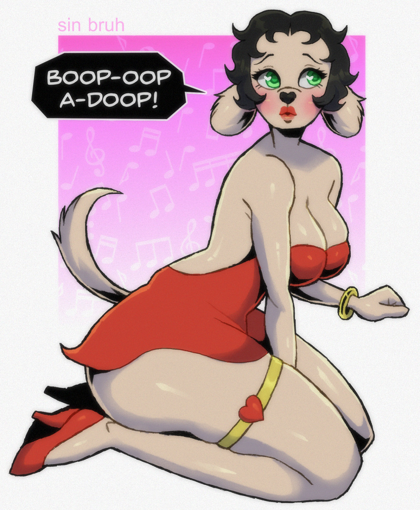 2020 5_fingers anthro betty_boop betty_boop_(series) big_breasts big_butt bracelet breasts butt canid canine canis clothed clothing digital_media_(artwork) domestic_dog dress english_text female fingers footwear fur green_eyes hair hi_res high_heels jewelry kneeling legband lipstick makeup mammal paramount_pictures pinup pose red_clothing red_dress red_footwear red_high_heels red_lipstick red_shoes shoes simple_background sin_bruh solo text thick_thighs wide_hips