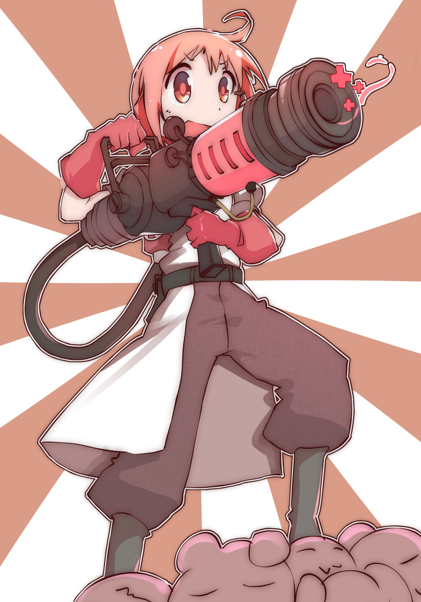 1girl absurdres ahoge black_footwear blush boots cosplay crossover eyebrows_visible_through_hair full_body gloves highres long_sleeves looking_away majormilk nonohara_yuzuko pink_eyes pink_hair red_gloves rubber_gloves short_hair smile solo team_fortress_2 the_medic the_medic_(cosplay) the_quick-fix yuyushiki