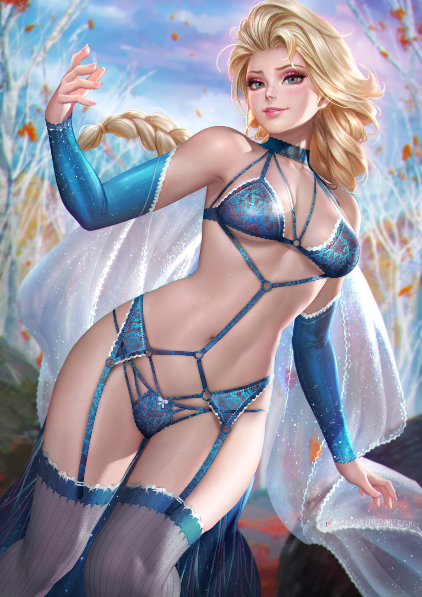 1girl absurdres blue_bra blue_eyes blue_legwear blue_panties blush bra braid breasts detached_sleeves elsa_(frozen) freckles frozen_(disney) garter_straps highres lingerie long_hair makeup navel nipples nudtawut_thongmai outdoors paid_reward panties patreon_reward single_braid solo stand striped striped_legwear thighhighs toned underwear veins veiny_breasts vertical-striped_legwear vertical_stripes