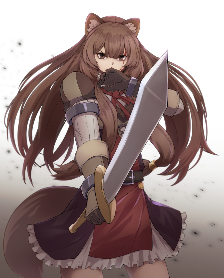 alder animal_ears belt bleeding blood brown_eyes brown_hair dress gloves hand_to_own_mouth highres long_hair looking_at_viewer raccoon_ears raccoon_tail raphtalia red_ribbon ribbon sword tail tate_no_yuusha_no_nariagari weapon