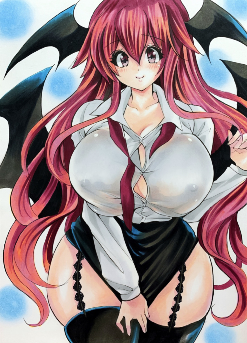 1girl black_legwear black_skirt black_wings breasts cowboy_shot hair_between_eyes head_wings highres huge_breasts koakuma long_hair long_sleeves looking_at_viewer miniskirt necktie red_eyes red_hair red_neckwear shirt skirt smile solo thick_thighs thighhighs thighs touhou traditional_media twobee very_long_hair wavy_hair white_background white_shirt wing_collar wings