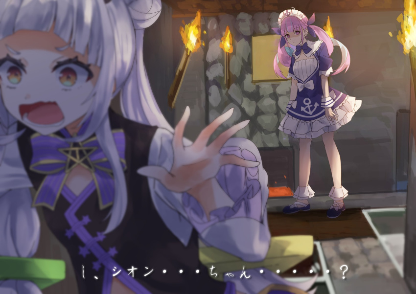 2girls alternate_costume anchor blurry_foreground commentary_request drill_hair empty_eyes full_body hair_ornament highres hololive konkito lavender_hair long_hair looking_at_viewer maid_headdress minato_aqua minecraft multiple_girls murasaki_shion open_mouth purple_eyes purple_hair ribbon running torch translation_request twin_drills yellow_eyes