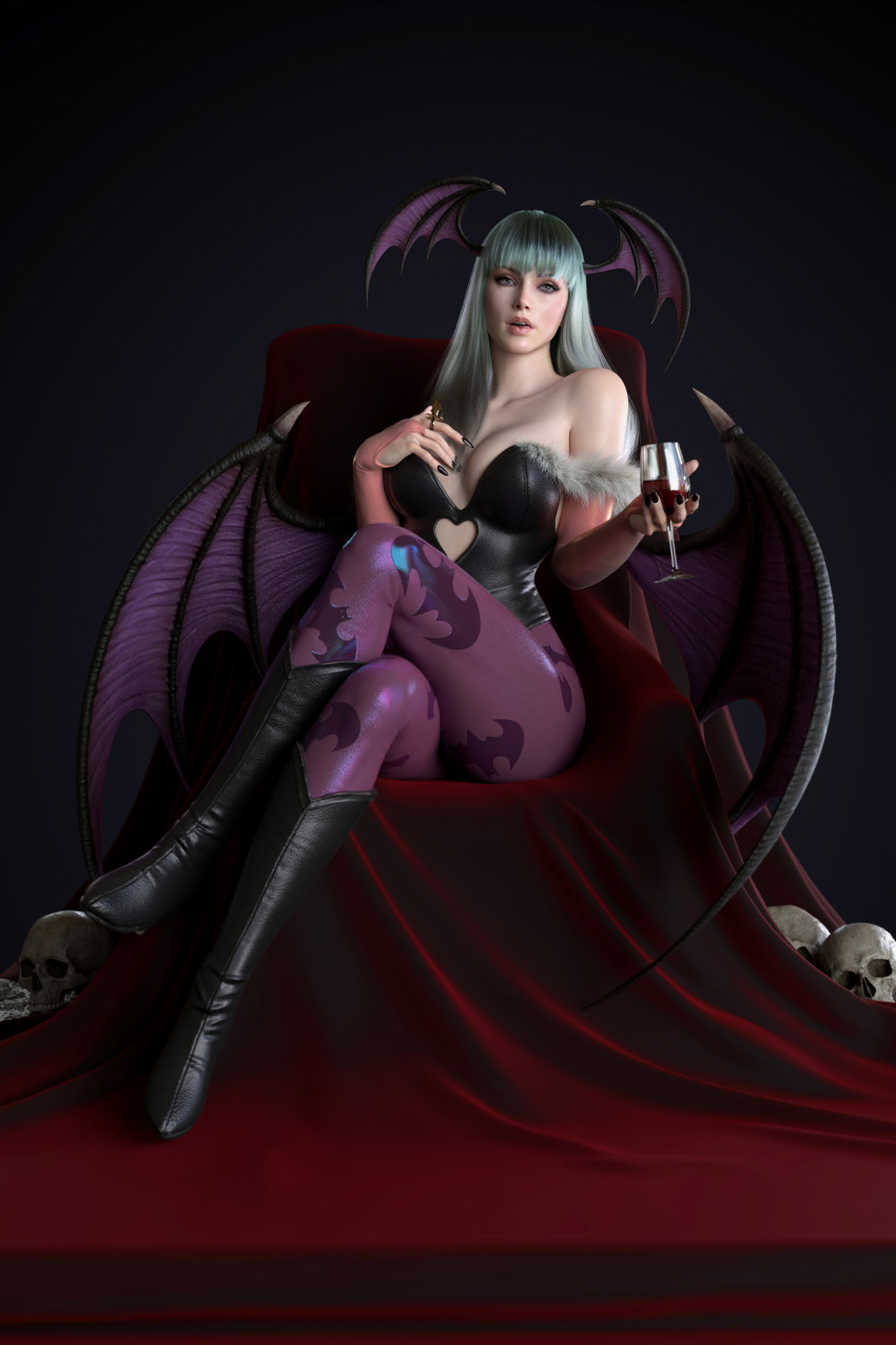 1girl 3d absurdres animal_print bare_shoulders bat_print black_footwear black_nails boots breasts cleavage commentary crossed_legs cup drinking_glass ed_pantera english_commentary fur_trim green_eyes green_hair head_wings heart_cutout highres jewelry long_hair morrigan_aensland open_mouth pantyhose purple_legwear realistic ring sitting skull solo vampire_(game) wine_glass wings