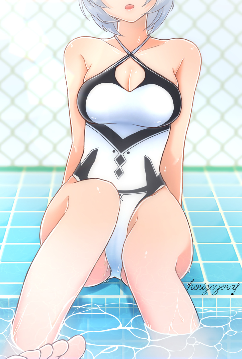 1girl artist_name bare_shoulders blurry blurry_background breasts chain-link_fence cleavage commentary_request criss-cross_halter dennou_shoujo_youtuber_shiro depth_of_field fence grey_hair halterneck head_out_of_frame highres hoshizora_no_shita medium_breasts one-piece_swimsuit open_mouth pool poolside shiro_(dennou_shoujo_youtuber_shiro) short_hair signature sitting skindentation solo swimsuit tile_floor tiles toes water wet