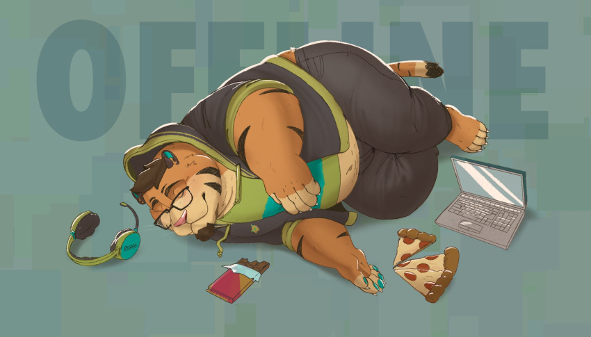 anthro belly brown_hair candy chocolate claws clothed clothing computer english_text eyes_closed eyewear felid food fur glasses hair headgear headphones headset hi_res laptop lying male mammal navel on_side orange_body orange_fur overweight overweight_male pantherine pizza riisago sleeping smile solo soul_patch striped_body striped_fur stripes text tiger toe_claws