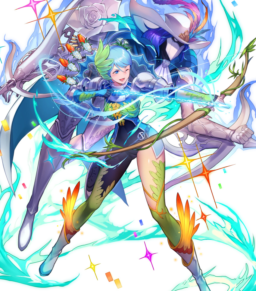 1girl ahoge armor armored_boots arrow blue_eyes blue_hair boots bow bow_(weapon) bowtie crossbow earrings feathers fire_emblem fire_emblem_heroes flower full_body gen'ei_ibunroku_sharp_fe gloves hair_ornament hat highres jewelry kakage leaf official_art one_eye_closed open_mouth quiver sparkle teeth thighhighs transparent_background virion_(fire_emblem) weapon yumizuru_eleanora