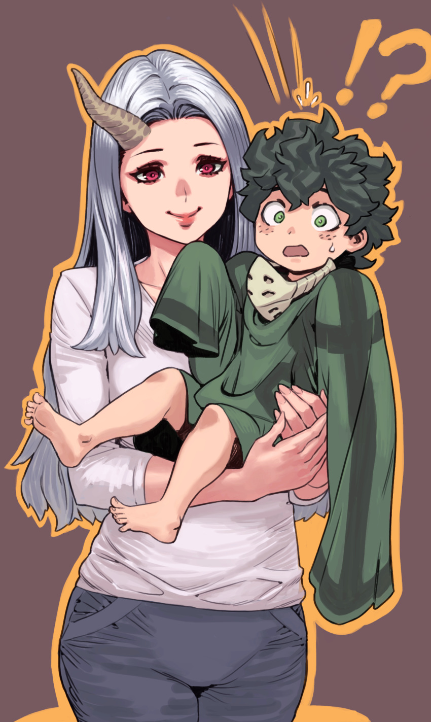 !? 1boy 1girl :o age_switch archvermin bangs barefoot boku_no_hero_academia english_commentary eri_(boku_no_hero_academia) freckles green_eyes green_hair highres holding horn long_hair messy_hair midoriya_izuku older parted_bangs red_eyes shirt silver_hair smile sweatdrop white_shirt younger