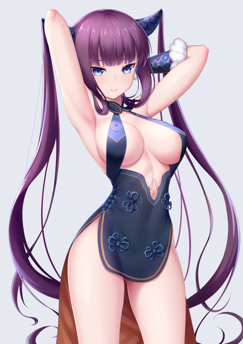 1girl bangs bare_shoulders black_dress blue_eyes blunt_bangs blush breasts china_dress chinese_clothes cleavage detached_sleeves dress fate/grand_order fate_(series) hair_ornament highres large_breasts long_hair looking_at_viewer purple_hair sidelocks solo twintails very_long_hair yang_guifei_(fate/grand_order) zuizhong