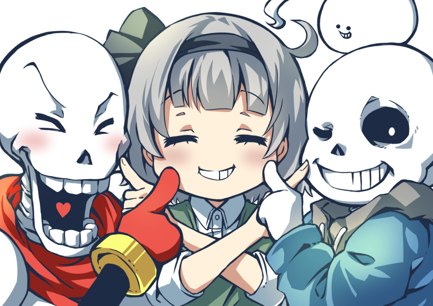 1girl black_hairband blue_hoodie blush cheek_poking closed_eyes collared_shirt crossover ghost green_vest grin hairband hairband_bow highres hood hoodie konpaku_youmu konpaku_youmu_(ghost) papyrus_(undertale) pegashi poking sans scarf shirt short_hair skeleton smile touhou undertale vest white_hair