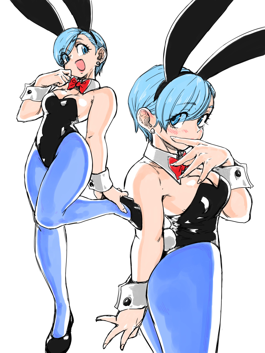 1girl absurdres animal_ears aqua_hair asimatosinosin bare_shoulders black_footwear black_leotard blue_legwear blush bow breasts bulma bunny_ears bunny_tail cleavage commentary_request covering_mouth cuffs dragon_ball earrings eyebrows_visible_through_hair eyes_visible_through_hair high_heels highres jewelry leotard multiple_views open_mouth pantyhose red_neckwear short_hair simple_background sleeveless smile tail white_background white_earrings