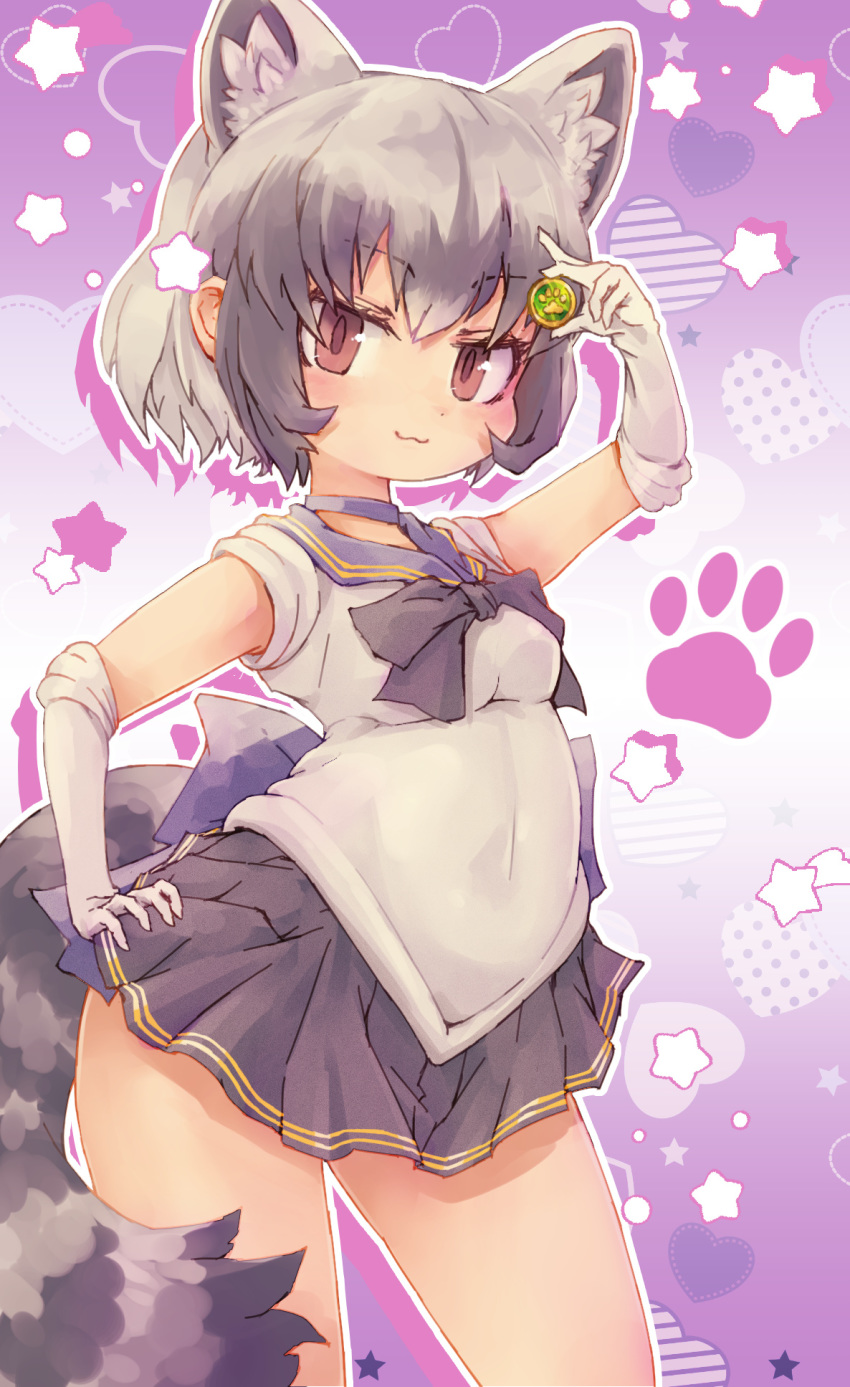 1girl :3 animal_ears bow bowtie character_request choker commentary_request common_raccoon_(kemono_friends) cosplay cowboy_shot elbow_gloves extra_ears eyebrows_visible_through_hair gloves gold_trim grey_hair grey_neckwear highres japari_coin kemono_friends kolshica multicolored_hair pleated_skirt purple_neckwear purple_skirt raccoon_ears raccoon_girl raccoon_tail sailor_collar sailor_moon short_hair skirt sleeveless solo tail white_gloves