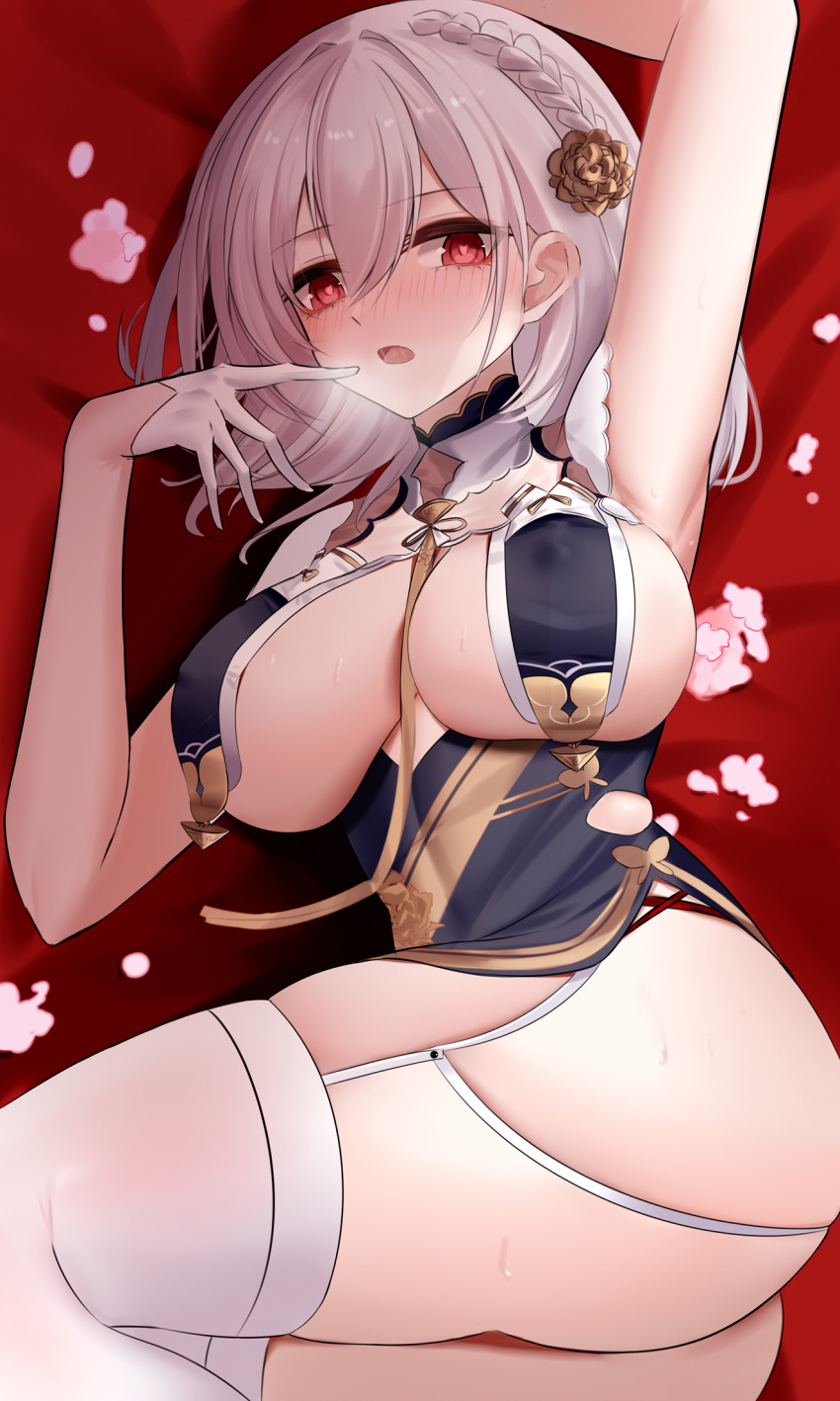 1girl armpits ass azur_lane bangs blush braid breasts commentary_request covered_nipples eternity_(pixiv8012826) eyebrows_visible_through_hair flower french_braid garter_straps gloves hair_between_eyes hair_flower hair_ornament half_gloves heart heart-shaped_pupils highres large_breasts looking_at_viewer lying naughty_face neckwear_between_breasts on_back open_mouth red_eyes short_hair silver_hair sirius_(azur_lane) skindentation solo sweat symbol-shaped_pupils thighhighs thighs white_gloves white_legwear