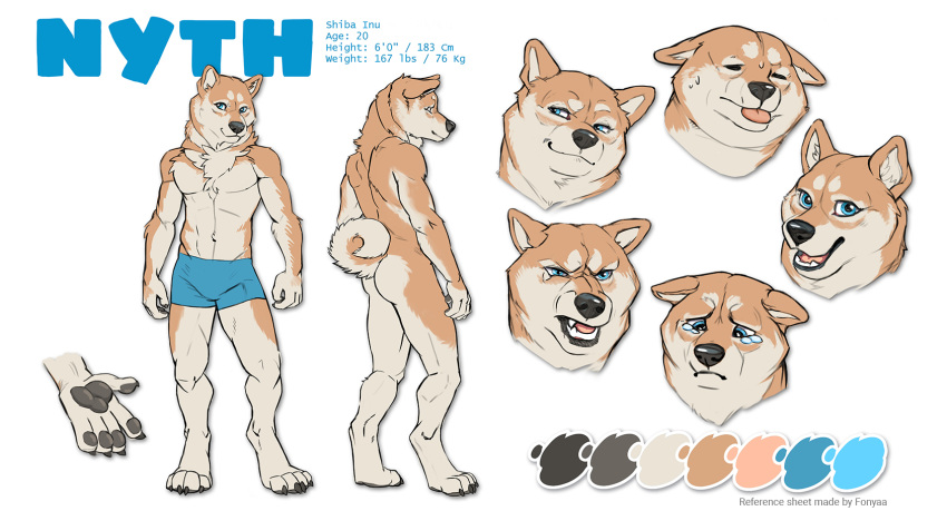 2020 4_toes 5_fingers anthro black_pawpads blep blue_eyes bodily_fluids canid canine canis clothing curled_tail digitigrade domestic_dog english_text fingers fonyaa fur hi_res looking_at_viewer male mammal model_sheet navel nude open_mouth pawpads shiba_inu simple_background smile solo spitz standing tan_body tan_fur tears text toes tongue tongue_out underwear white_background white_body white_fur