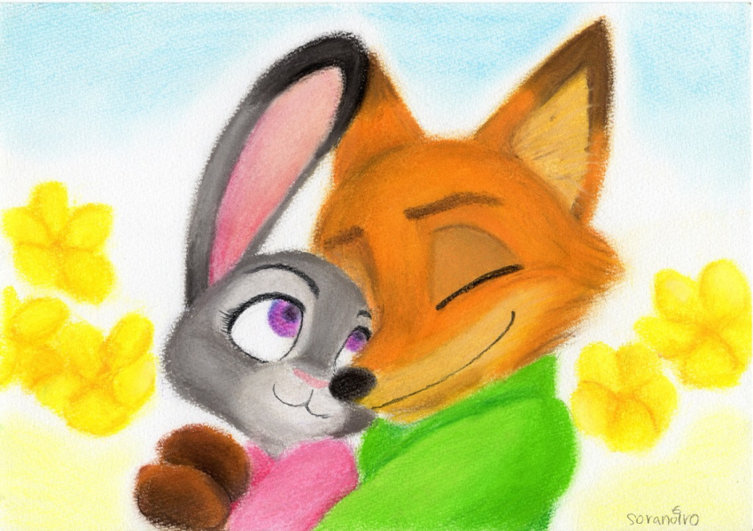 2017 anthro canid canine cheek_tuft clothed clothing dipstick_ears disney duo eyes_closed facial_tuft female flower fox fur grey_body grey_fur hug hugging_from_behind inner_ear_fluff judy_hopps lagomorph leporid male male/female mammal multicolored_ears nick_wilde orange_body orange_fur plant purple_eyes rabbit red_fox smile soranoiro_(artist) tuft zootopia