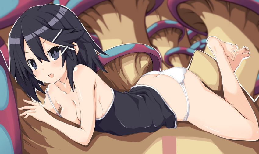 1girl asagiri_asagi ass bare_legs barefoot black_eyes black_hair black_tank_top blush breasts disgaea hair_ornament hairclip highres iwasi-r looking_at_viewer lying medium_breasts mushroom on_stomach open_mouth panties short_hair shorts smile solo tank_top underwear white_panties