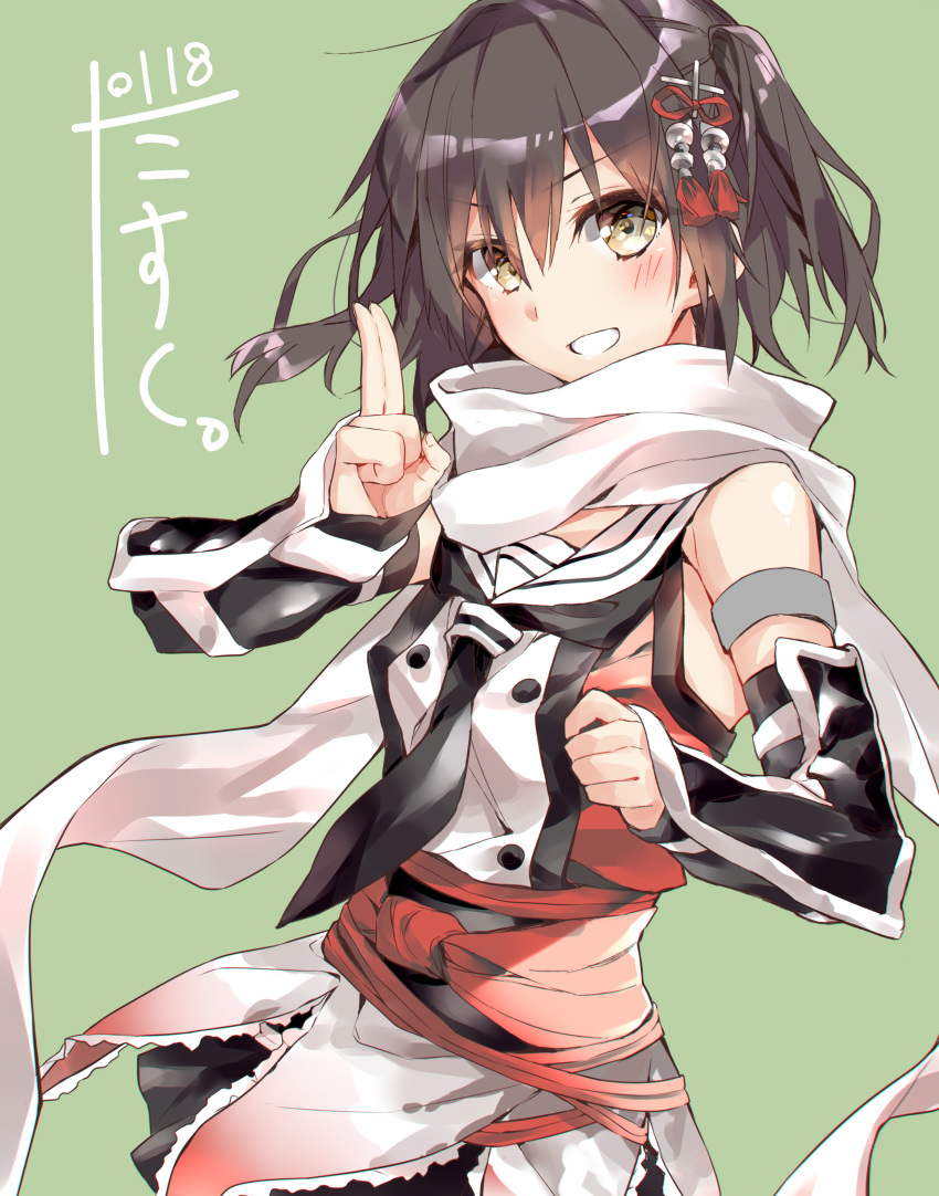 1girl absurdres artist_logo black_gloves black_hair black_neckwear black_skirt brown_eyes commentary_request dated double-breasted elbow_gloves fingerless_gloves gauntlets gloves green_background grin hair_ornament highres kantai_collection looking_at_viewer narumiya_(empty_cafe) neckerchief remodel_(kantai_collection) sailor_collar scarf school_uniform sendai_(kantai_collection) serafuku skirt smile solo two_side_up white_sailor_collar white_scarf