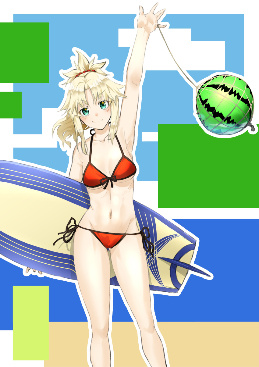 1girl absurdres aqua_eyes armpits bikini blonde_hair blush breasts cleavage fate/grand_order fate_(series) food fruit groin highres mithurugi-sugar mordred_(fate)_(all) mordred_(swimsuit_rider)_(fate) navel ponytail red_bikini smile solo surfboard swimsuit watermelon waving