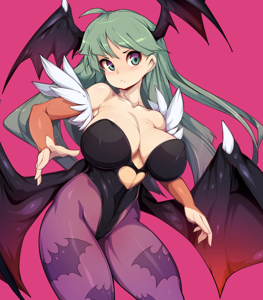 1girl animal_print bat_print bat_wings blush breasts bridal_gauntlets cleavage covered_navel demon_girl green_eyes green_hair head_wings heart_cutout highres large_breasts leotard long_hair looking_at_viewer low_wings morrigan_aensland pantyhose pink_background print_legwear purple_legwear purple_wings shiny shiny_clothes shiny_hair shiny_skin simple_background slugbox solo standing succubus vampire_(game) wings