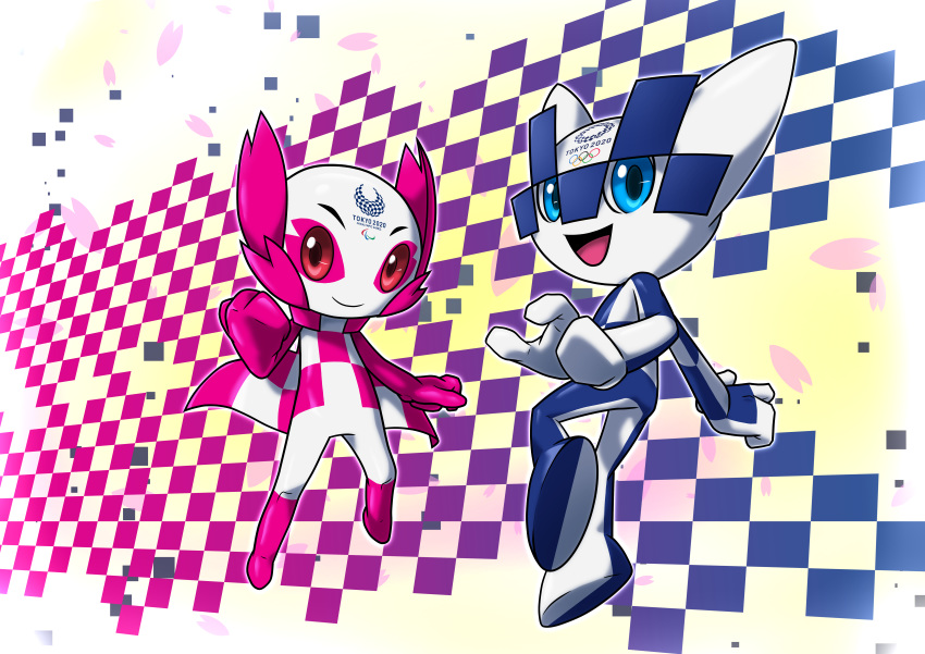 2020_tokyo_olympic absurd_res ambiguous_gender blue_eyes duo featureless_crotch hi_res mascot miraitowa not_furry olympics red_eyes someity yuuyatails