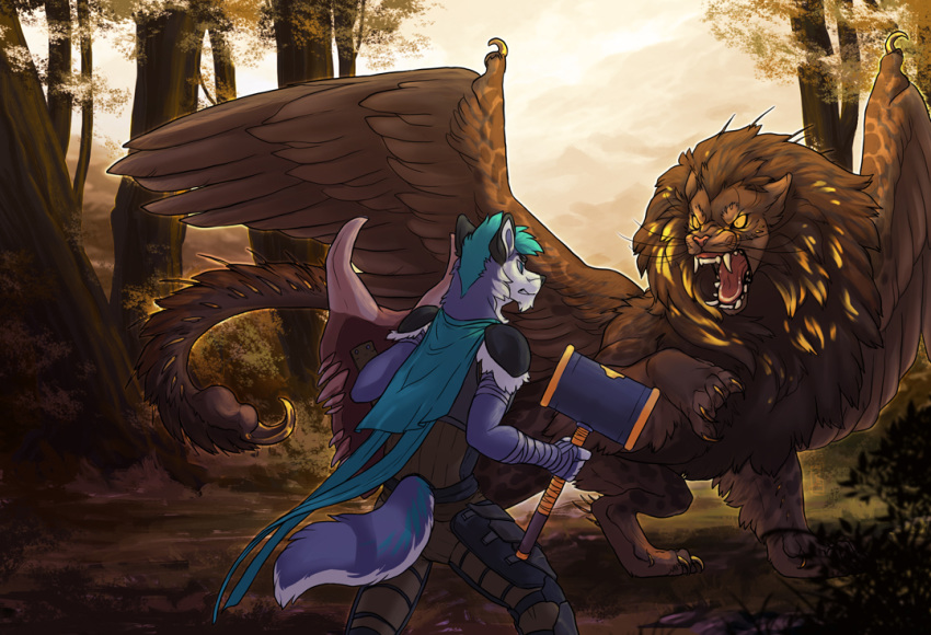 2020 anthro blue_hair canid canine canis clothed clothing day detailed_background digital_media_(artwork) feathered_wings feathers felid forest fuckie grass hair holding_object holding_weapon iranian_mythology male mammal manticore middle_eastern_mythology mythology open_mouth outside sky teeth tongue tree weapon wings wolf yellow_eyes