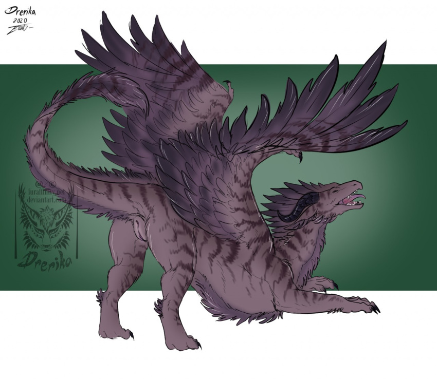 2020 claws digital_media_(artwork) dragon drerika feathered_dragon feathered_wings feathers female feral fur furred_dragon horn open_mouth solo teeth tongue wings