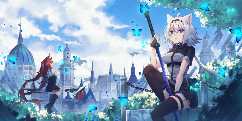 2girls animal_ears ashisi building butterfly clouds original red_hair sky weapon