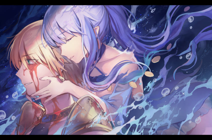 1boy 1girl blonde_hair blood blood_on_face caster_lily closed_eyes earrings fate/grand_order fate_(series) green_eyes hug hug_from_behind jason_(fate/grand_order) jewelry letterboxed pointy_ears ponytail purple_hair vivivivi water