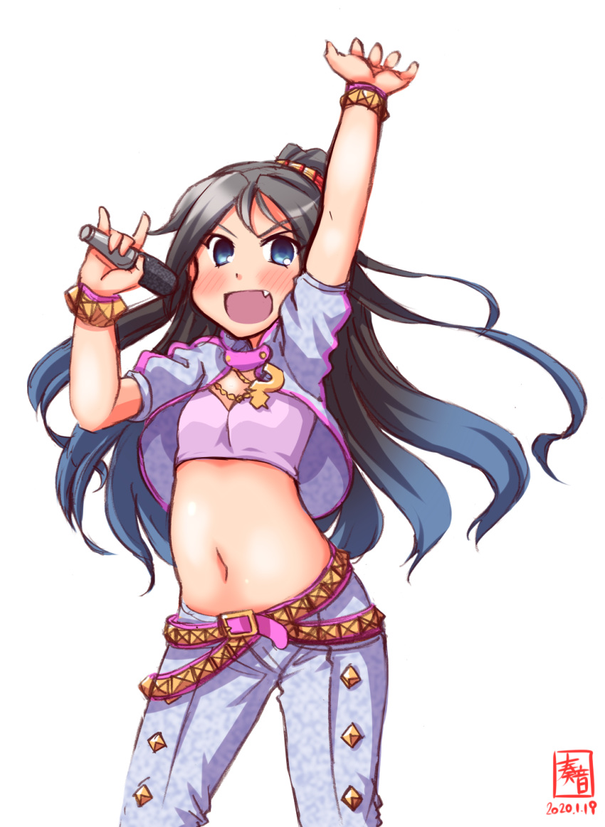 1girl artist_logo belt black_hair blue_eyes bracelet breasts commentary_request cosplay crossed_belts dated earrings fang ganaha_hibiki ganaha_hibiki_(cosplay) gold_trim hair_ribbon highres idolmaster idolmaster_million_live! idolmaster_million_live!_theater_days jacket jewelry kanon_(kurogane_knights) kantai_collection katsuragi_(kantai_collection) long_hair look-alike looking_at_viewer microphone midriff million_dreams multiple_belts navel open_mouth pastel_colors pendant pink_belt pink_bracelet ponytail ribbon simple_background skin_fang small_breasts solo studded_belt studded_bracelet white_background