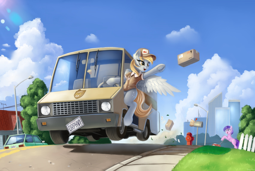 2020 amethyst_star_(mlp) car city clothed clothing cloud derpy_hooves_(mlp) equid equine feathered_wings feathers female feral friendship_is_magic group hair hi_res mammal my_little_pony outside pony-way pterippus sky spread_wings text vehicle wings