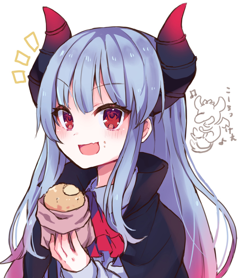 1girl :d absurdres aruko_(marco_to_ginga_ryuu) ascot bangs beamed_eighth_notes beniko_(ymdbnk) black_cape blue_hair blush cape collared_shirt commentary_request curled_horns eyebrows_visible_through_hair food food_on_face gradient_hair highres holding holding_food horns long_sleeves marco_to_ginga_ryuu multicolored_hair musical_note notice_lines open_mouth red_eyes red_hair red_neckwear shirt simple_background sleeves_past_wrists smile solo upper_body v-shaped_eyebrows white_background white_shirt