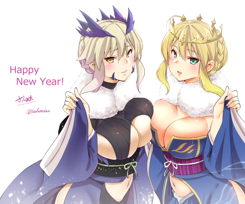 2girls absurdres adapted_costume artoria_pendragon_(all) artoria_pendragon_(lancer) artoria_pendragon_(lancer_alter) bangs blue_kimono braid breast_press breasts cape cleavage commentary_request crown eyebrows_visible_through_hair fate/grand_order fate_(series) french_braid fur-trimmed_cape fur_trim green_eyes hair_between_eyes happy_new_year highres horns japanese_clothes kimono large_breasts lips looking_at_viewer multiple_girls navel new_year pink_lips revealing_clothes sarfata side_slit sideboob sidelocks signature stomach swept_bangs symmetrical_docking twitter_username underboob white_background wide_sleeves yellow_eyes