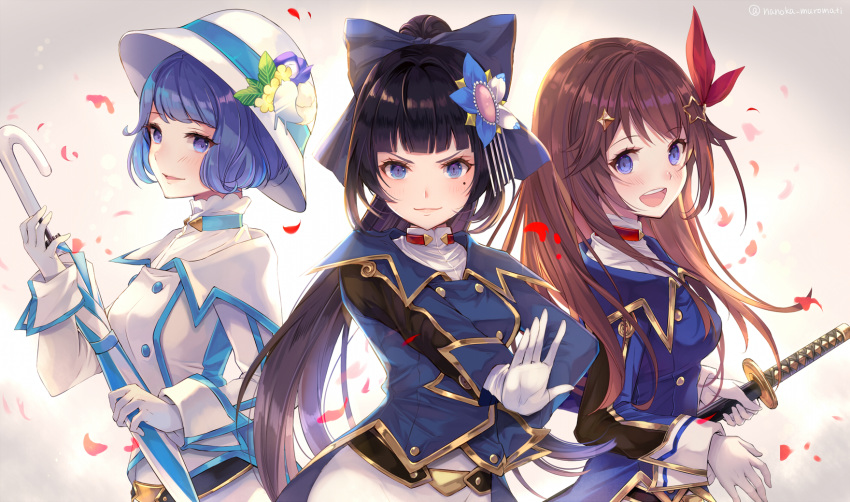 aoi_(kirabosi105) aoi_ch. black_hair blue_eyes blue_hair blush bow brown_hair fuji_aoi gloves hat hololive katana long_hair petals ponytail short_hair suntory suntory_nomu sword tokino_sora tokino_sora_channel umbrella uniform waifu2x weapon