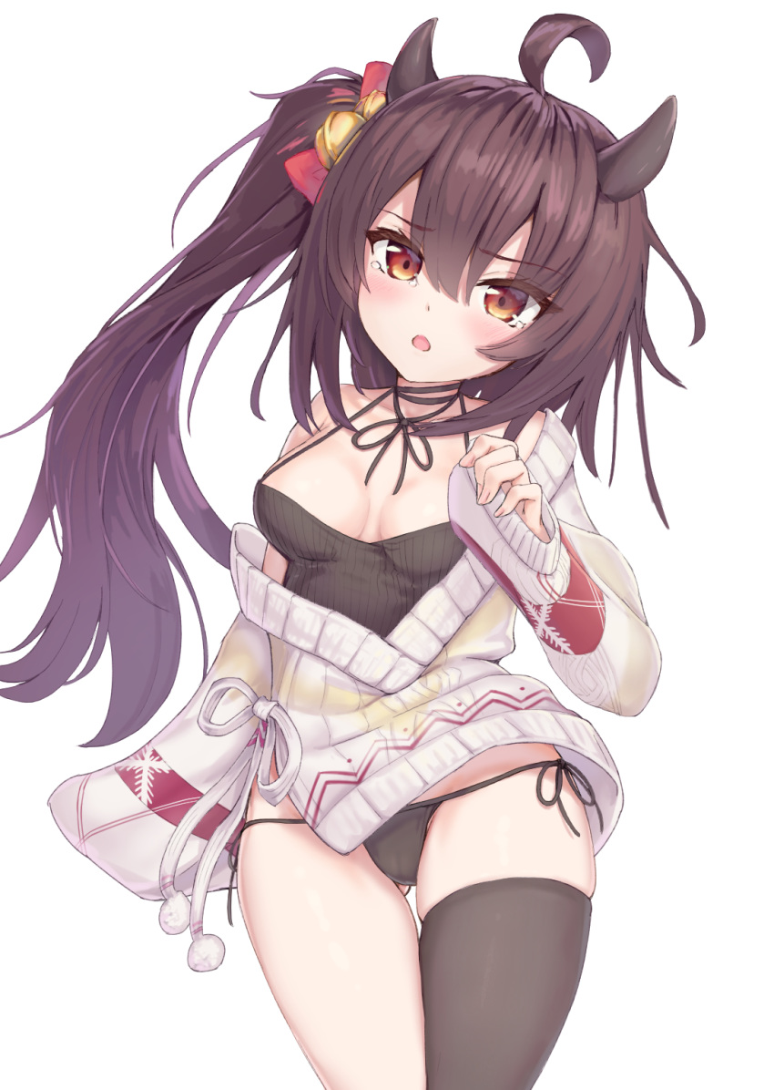 1girl :o ahoge aran_sweater ass_visible_through_thighs azur_lane bangs bell black_legwear black_panties blush breasts brown_eyes brown_hair cleavage commentary_request cowboy_shot eyebrows_visible_through_hair hair_bell hair_ornament hair_ribbon head_tilt highres horns isuzu_(azur_lane) isuzu_(cozy_christmas_eve)_(azur_lane) long_hair looking_at_viewer medium_breasts neck_ribbon off-shoulder_sweater off_shoulder oni_horns oris_at oversized_clothes panties red_ribbon ribbed_camisole ribbon side-tie_panties side_ponytail sidelocks simple_background single_thighhigh sleeves_past_wrists solo standing sweater tearing_up thighhighs underwear white_background