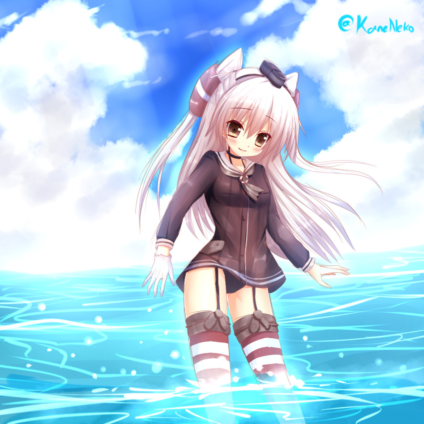 1girl amatsukaze_(kantai_collection) black_choker black_dress black_panties blue_sky blush breasts brown_eyes choker closed_mouth cloud cloudy_sky commentary_request dress eyebrows_visible_through_hair gloves hair_ornament hair_tubes hat head_tilt headgear highres kane-neko kantai_collection long_hair long_sleeves looking_at_viewer multicolored multicolored_clothes multicolored_legwear ocean on_water panties red_legwear sailor_collar sailor_dress school_swimsuit short_dress silver_hair sky small_breasts smile solo standing striped striped_legwear swimsuit thigh_strap thighhighs tied_hair twintails underwear white_gloves white_legwear zettai_ryouiki