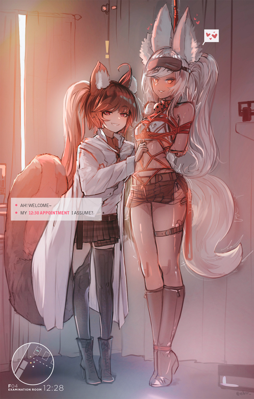 ! 2girls animal_ear_fluff animal_ears bangs bdsm belt biting blindfold bondage boots bound brown_hair commentary covered_nipples curtains dark_skin ehrrr english_commentary english_text eyebrows_visible_through_hair fox_ears fox_tail grin heart high_heel_boots high_heels highres hikimayu indoors knee_boots labcoat lip_biting long_hair looking_at_viewer multiple_girls orange_eyes original ponytail pussy_juice red_eyes shibari skirt smile spoken_heart tail thigh_strap thighhighs tiptoes very_long_hair white_hair